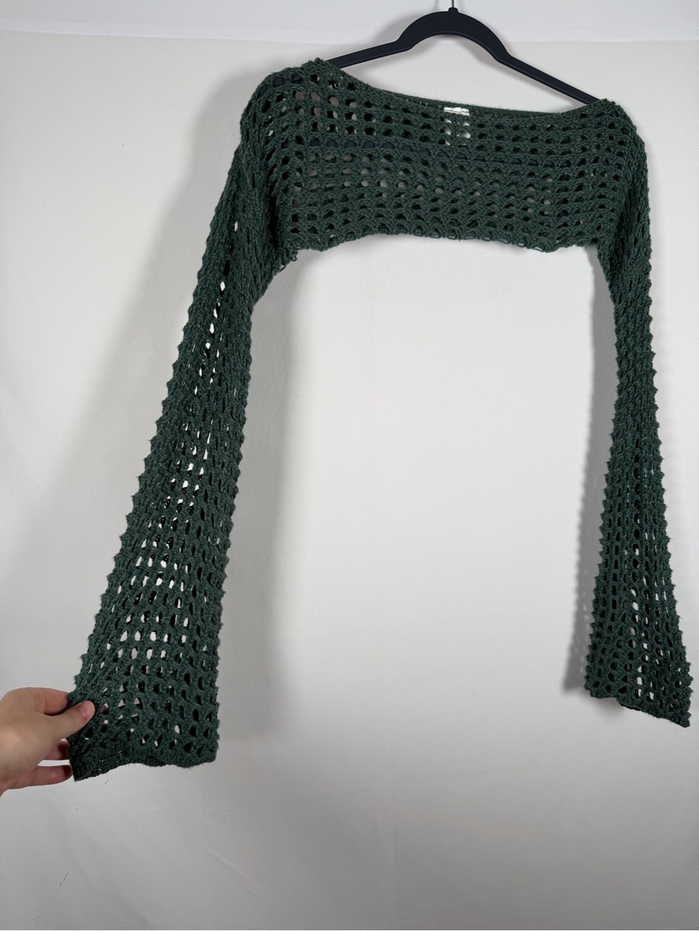 Forest Green Crochet Open-Knit Cropped Overlay Women’s Sweater Fairy Grunge